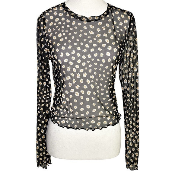 gaze Tops - Gaze Knit Mesh Daisy Long Sleeve Crop Top